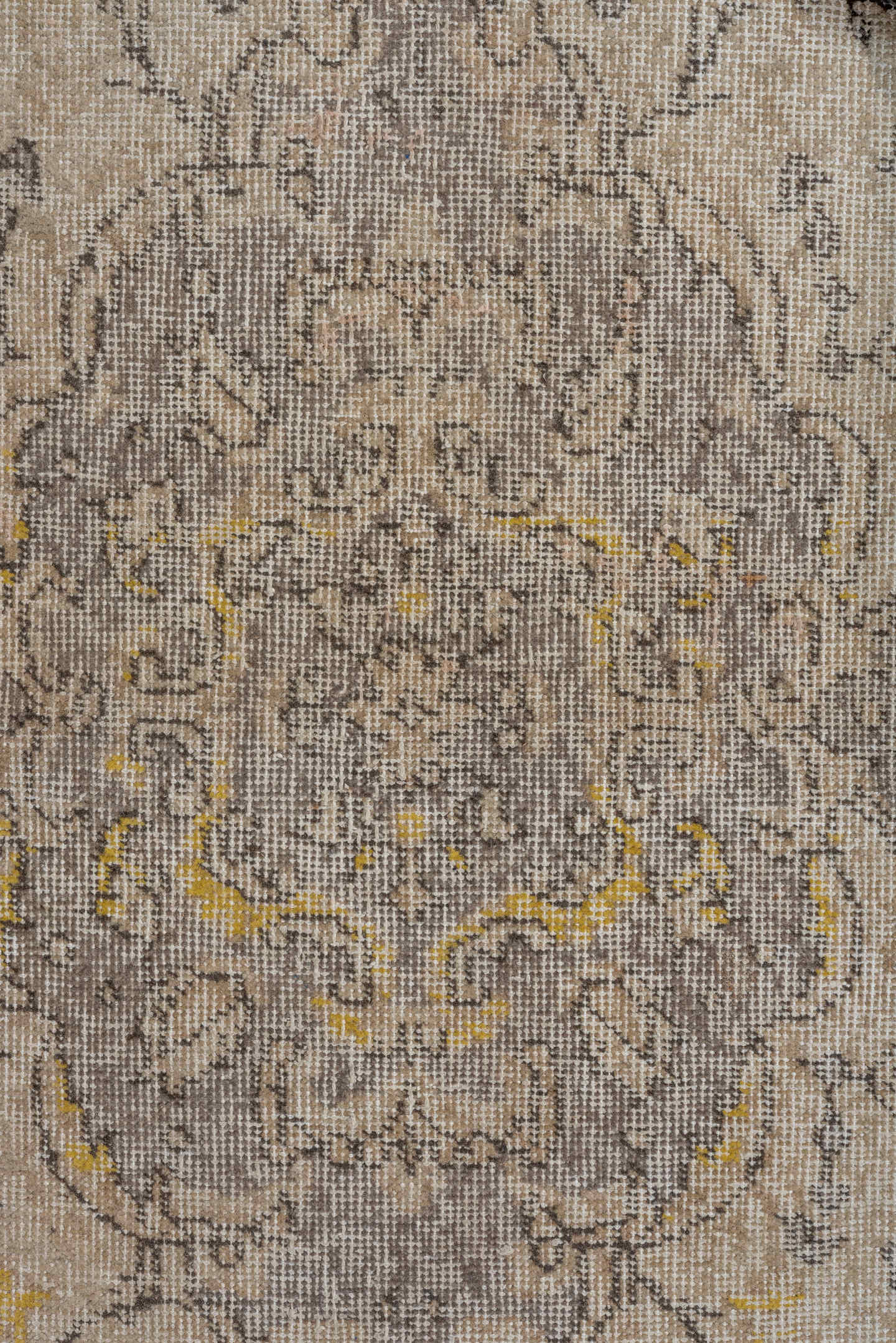 3' x 7' one-of-a-kind handmade vintage Oushak rug. Color palette: ivory, taupe, gray, gold, cream, beige