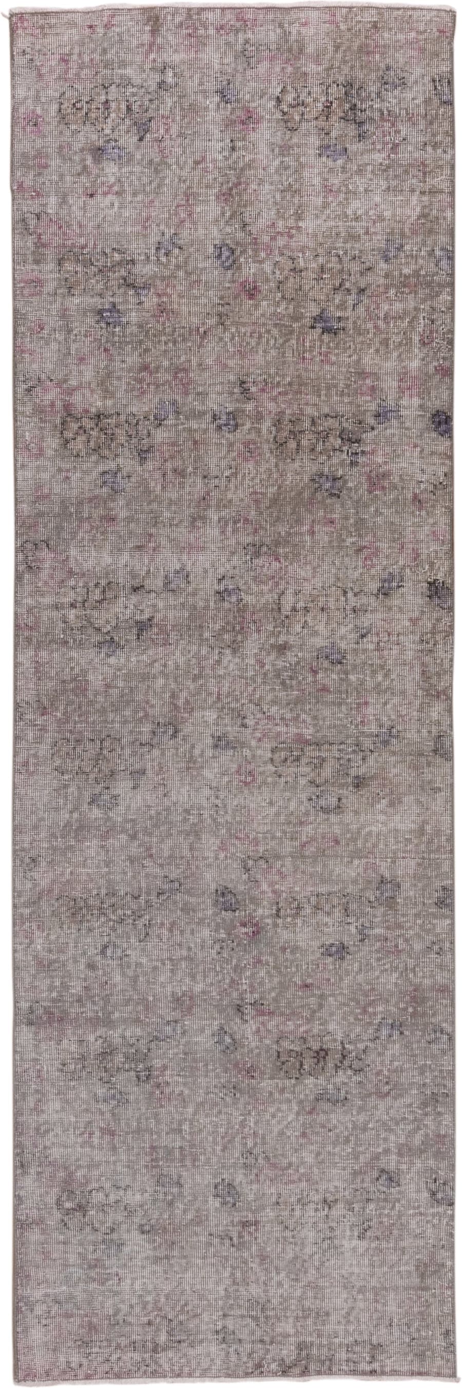 2' x 8' one-of-a-kind handmade vintage Overdyed runner rug. Color palette: taupe, ivory, rose, lavender, charcoal, beige