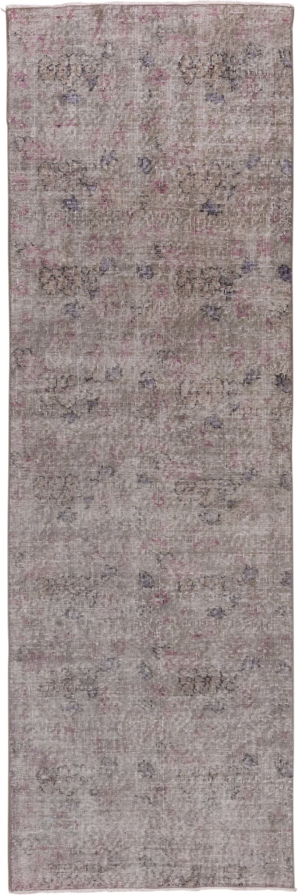 2' x 8' one-of-a-kind handmade vintage Overdyed runner rug. Color palette: taupe, ivory, rose, lavender, charcoal, beige
