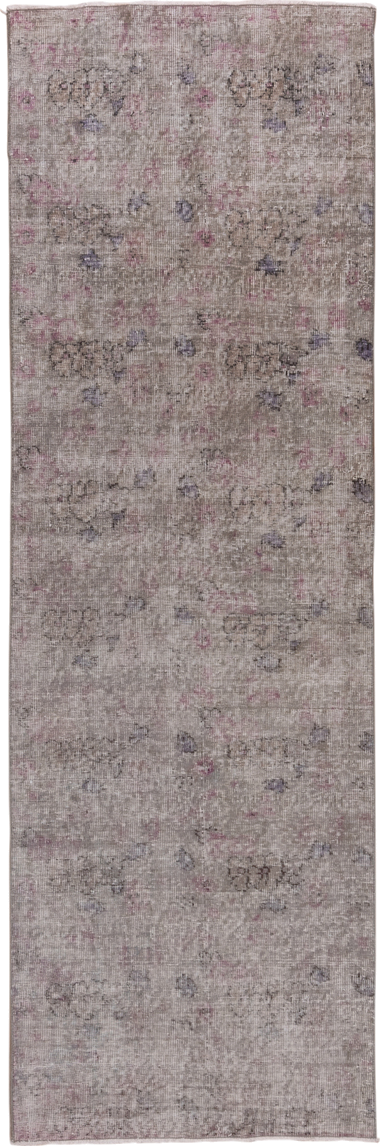 2' x 8' one-of-a-kind handmade vintage Overdyed runner rug. Color palette: taupe, ivory, rose, lavender, charcoal, beige