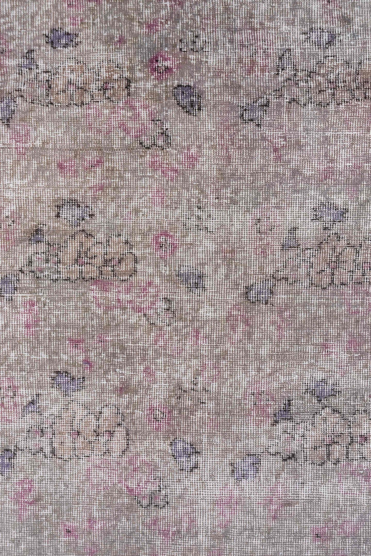 2' x 8' one-of-a-kind handmade vintage Overdyed runner rug. Color palette: taupe, ivory, rose, lavender, charcoal, beige