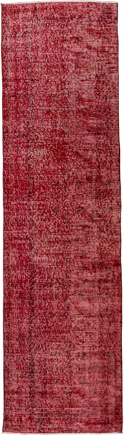 2' x 8' one-of-a-kind handmade vintage Overdyed runner rug. Color palette: crimson, rose, burgundy, blush, red, pink