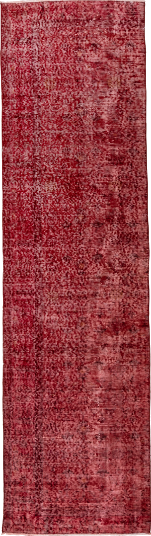 2' x 8' one-of-a-kind handmade vintage Overdyed runner rug. Color palette: brown, off-white, pink, red, snow, white