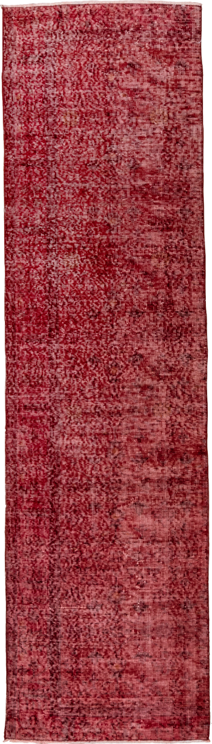 2' x 8' one-of-a-kind handmade vintage Overdyed runner rug. Color palette: crimson, rose, burgundy, blush, red, pink