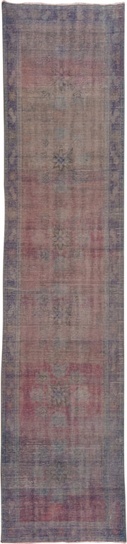 2' x 11' one-of-a-kind handmade vintage Overdyed runner rug. Color palette: rose, lavender, dusty blue, mauve, taupe, slate