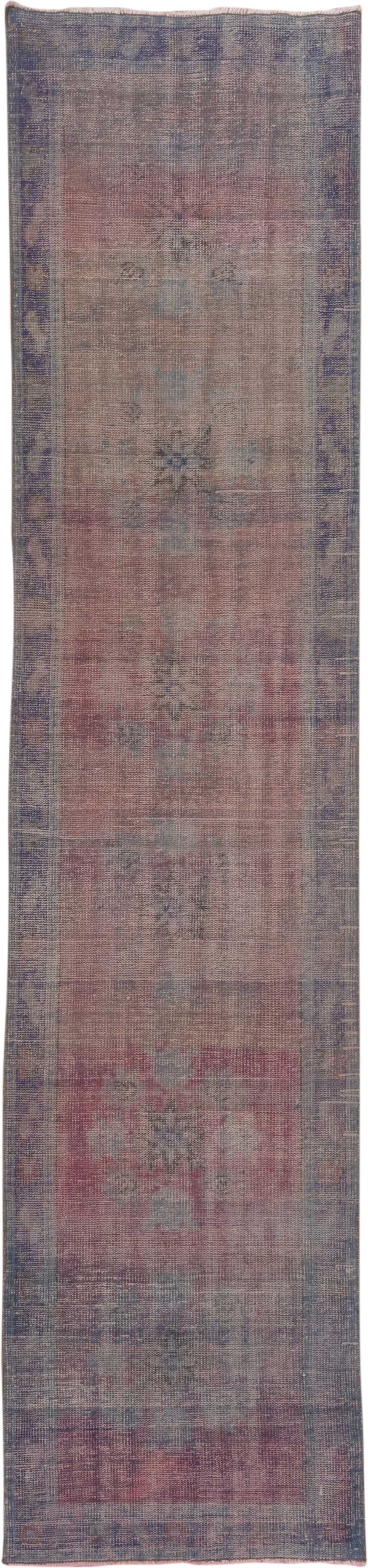 2' x 11' one-of-a-kind handmade vintage Overdyed runner rug. Color palette: rose, lavender, dusty blue, mauve, taupe, slate