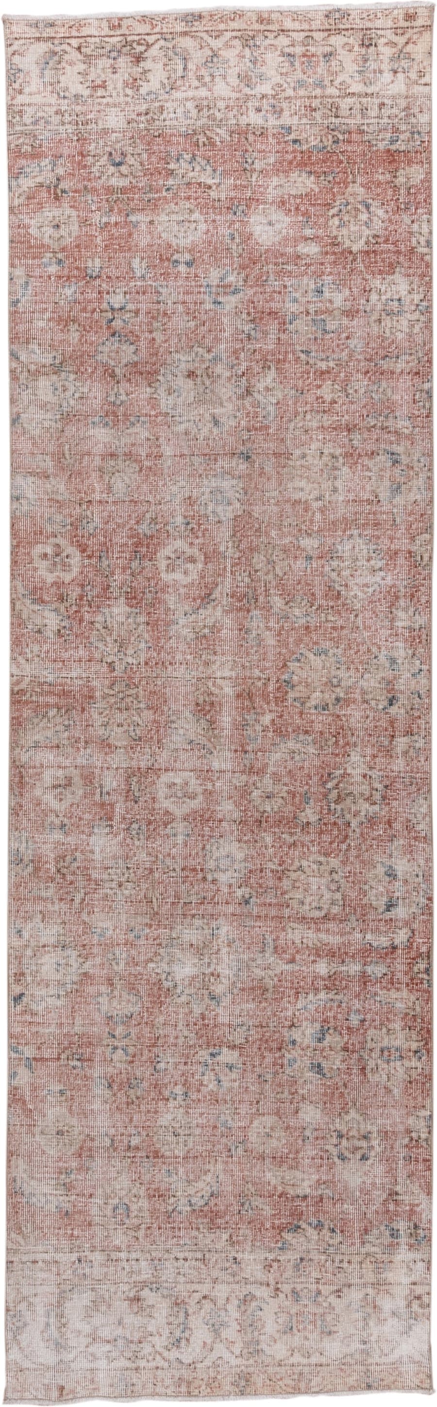 3' x 10' one-of-a-kind handmade vintage Oushak runner rug. Color palette: blush, ivory, dusty rose, pale blue, taupe, beige