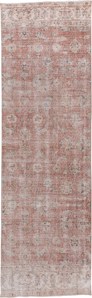 3' x 10' one-of-a-kind handmade vintage Oushak runner rug. Color palette: blush, ivory, dusty rose, pale blue, taupe, beige