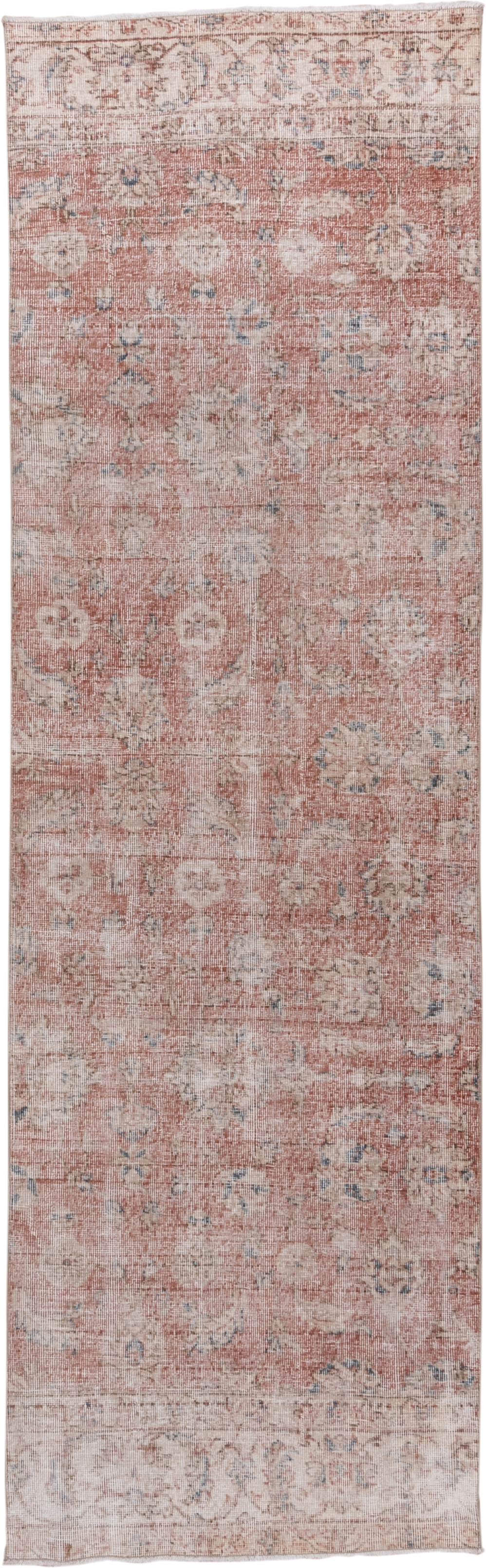 3' x 10' one-of-a-kind handmade vintage Oushak runner rug. Color palette: blush, ivory, dusty rose, pale blue, taupe, beige