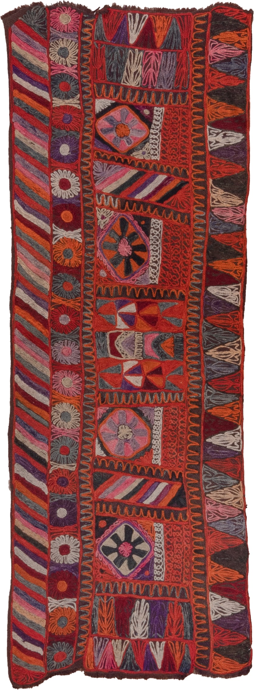 2' x 6' one-of-a-kind handmade vintage Kilim runner rug. Color palette: burgundy, rust, charcoal, violet, ivory, rose