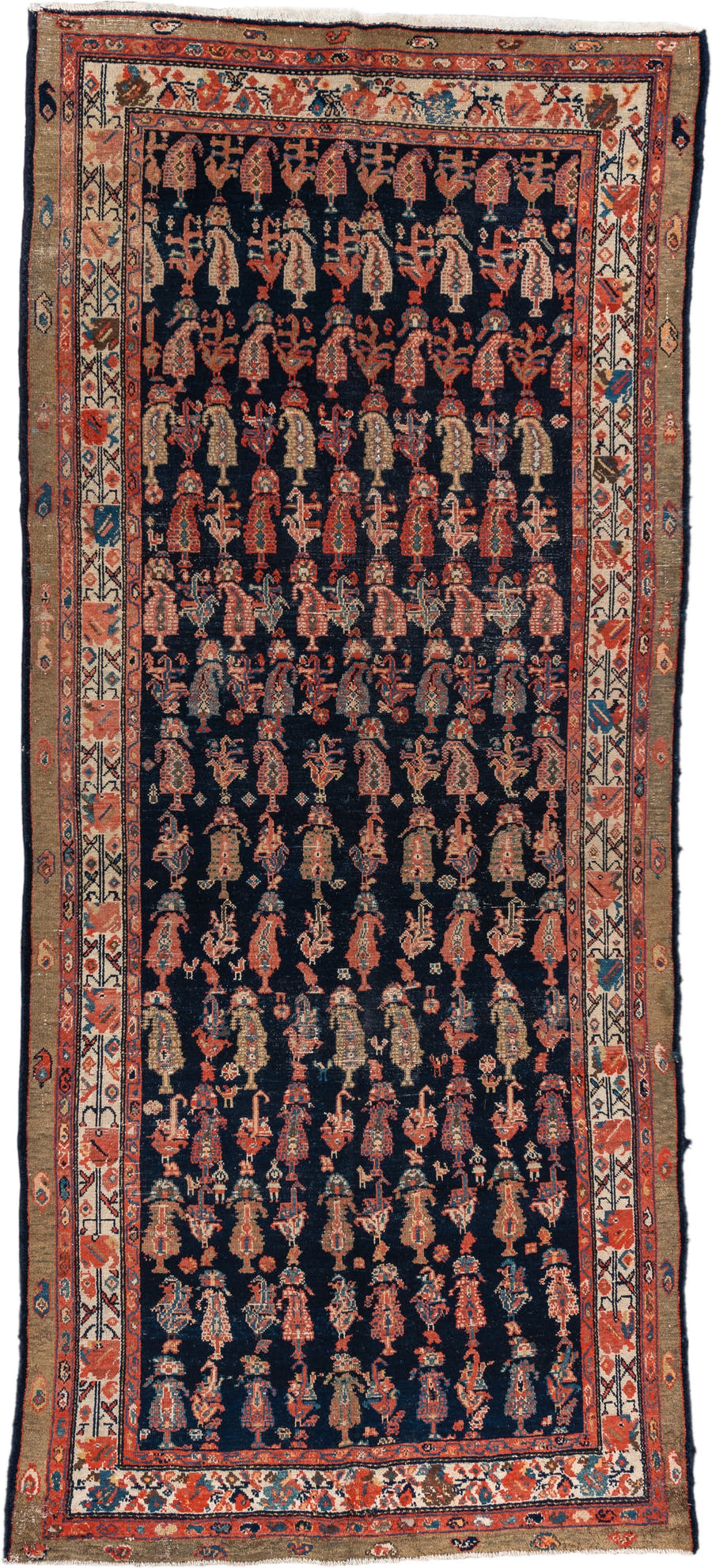 4' x 11' one-of-a-kind handmade vintage Malayer runner rug. Color palette: brown, rust, ivory, navy, coral, gold, camel