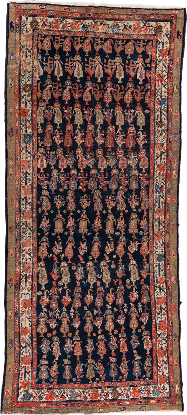 4' x 11' one-of-a-kind handmade vintage Malayer runner rug. Color palette: brown, rust, ivory, navy, coral, gold, camel