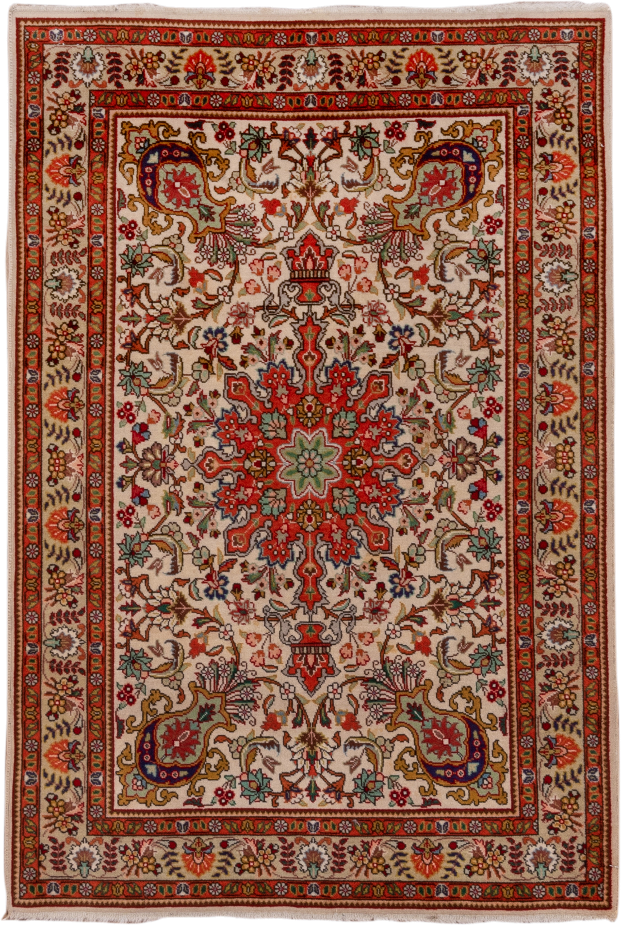 3' x 5' one-of-a-kind handmade vintage Tabriz small size rug. Color palette: ivory, rust, coral, sage, navy, gold, brown