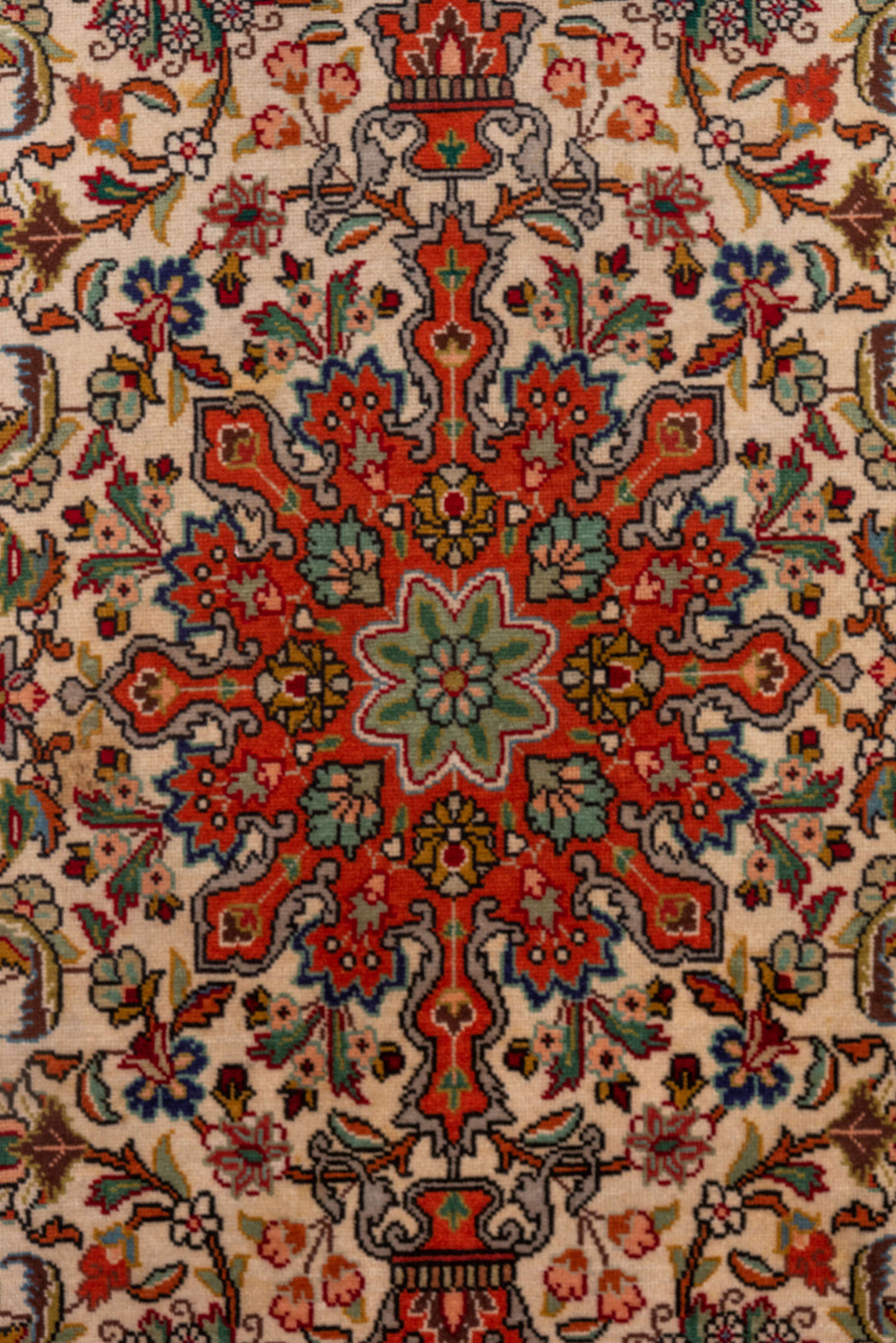 3' x 5' one-of-a-kind handmade vintage Tabriz small size rug. Color palette: ivory, rust, coral, sage, navy, gold, brown
