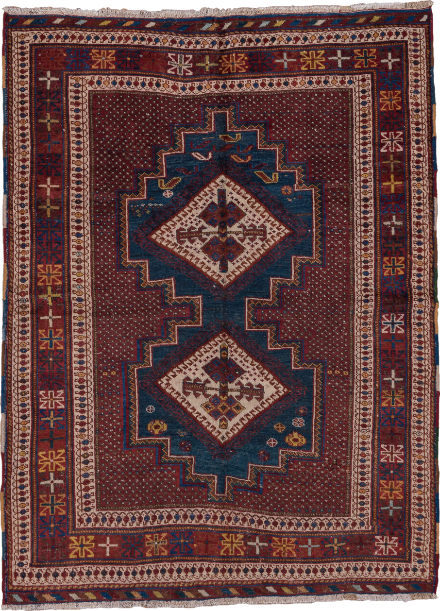 4' x 5' one-of-a-kind handmade vintage Afshar small size rug. Color palette: black, blue, brown, dim gray, gray, light gray
