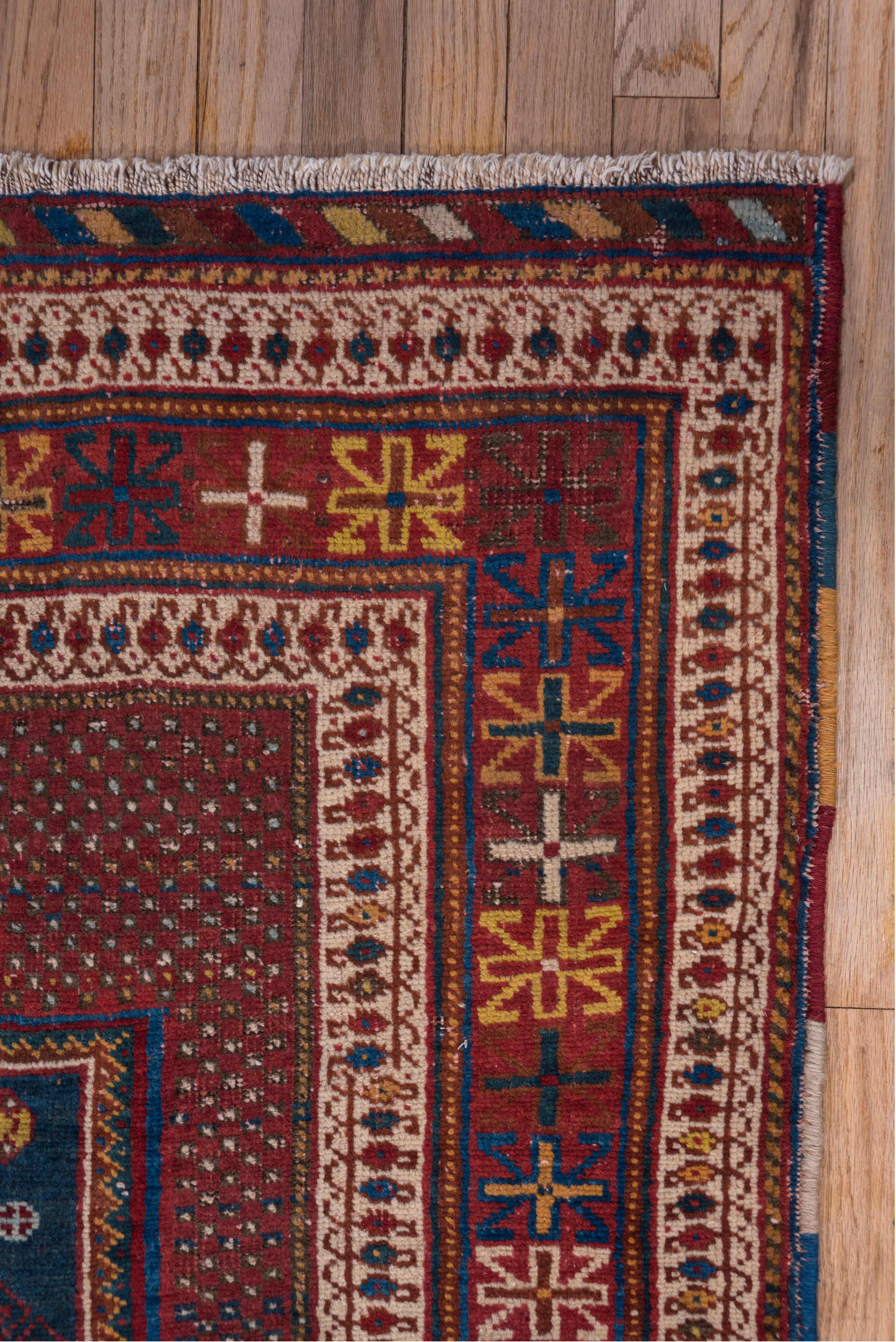 4' x 5' one-of-a-kind handmade vintage Afshar small size rug. Color palette: black, blue, brown, dim gray, gray, light gray