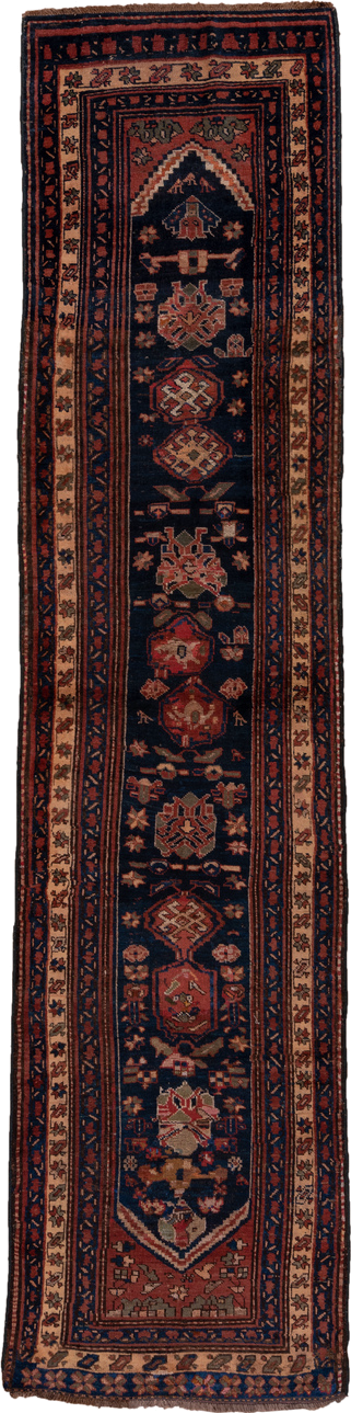 3' x 13' one-of-a-kind handmade antique Malayer runner rug. Color palette: navy, rust, ivory, camel, terracotta, indigo