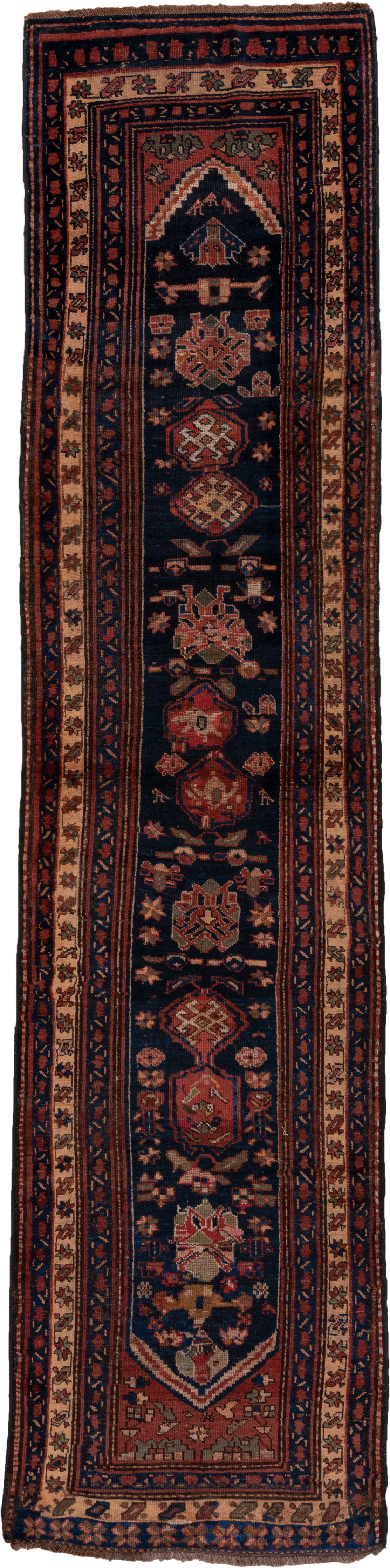3' x 13' one-of-a-kind handmade antique Malayer runner rug. Color palette: navy, rust, ivory, camel, terracotta, indigo