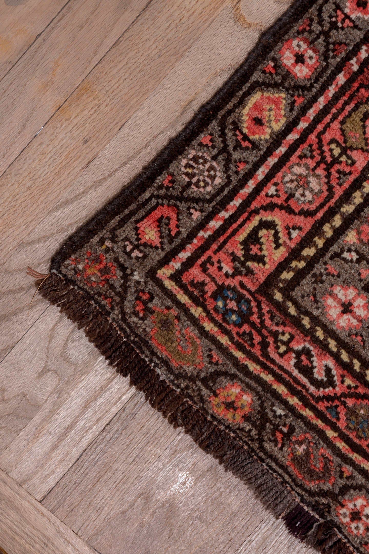 3' x 15' one-of-a-kind handmade antique Malayer runner rug. Color palette: charcoal, rust, rose, ivory, taupe, burgundy