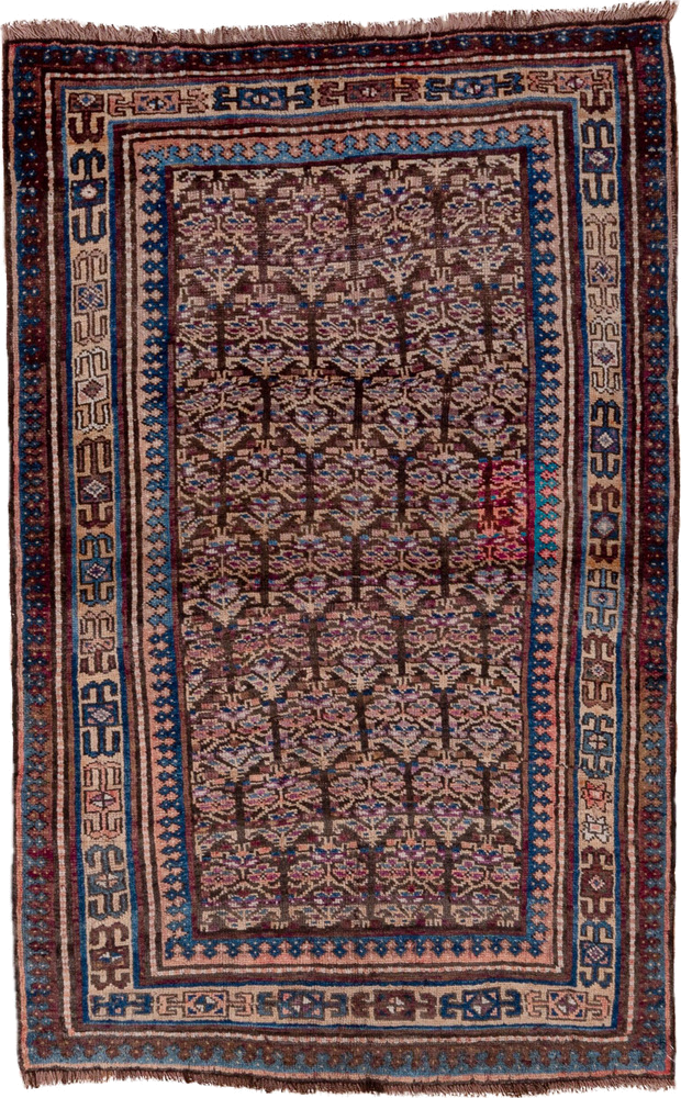 3' x 6' one-of-a-kind handmade antique Kurd small size rug. Color palette: brown, ivory, indigo, sky blue, rose, burgundy