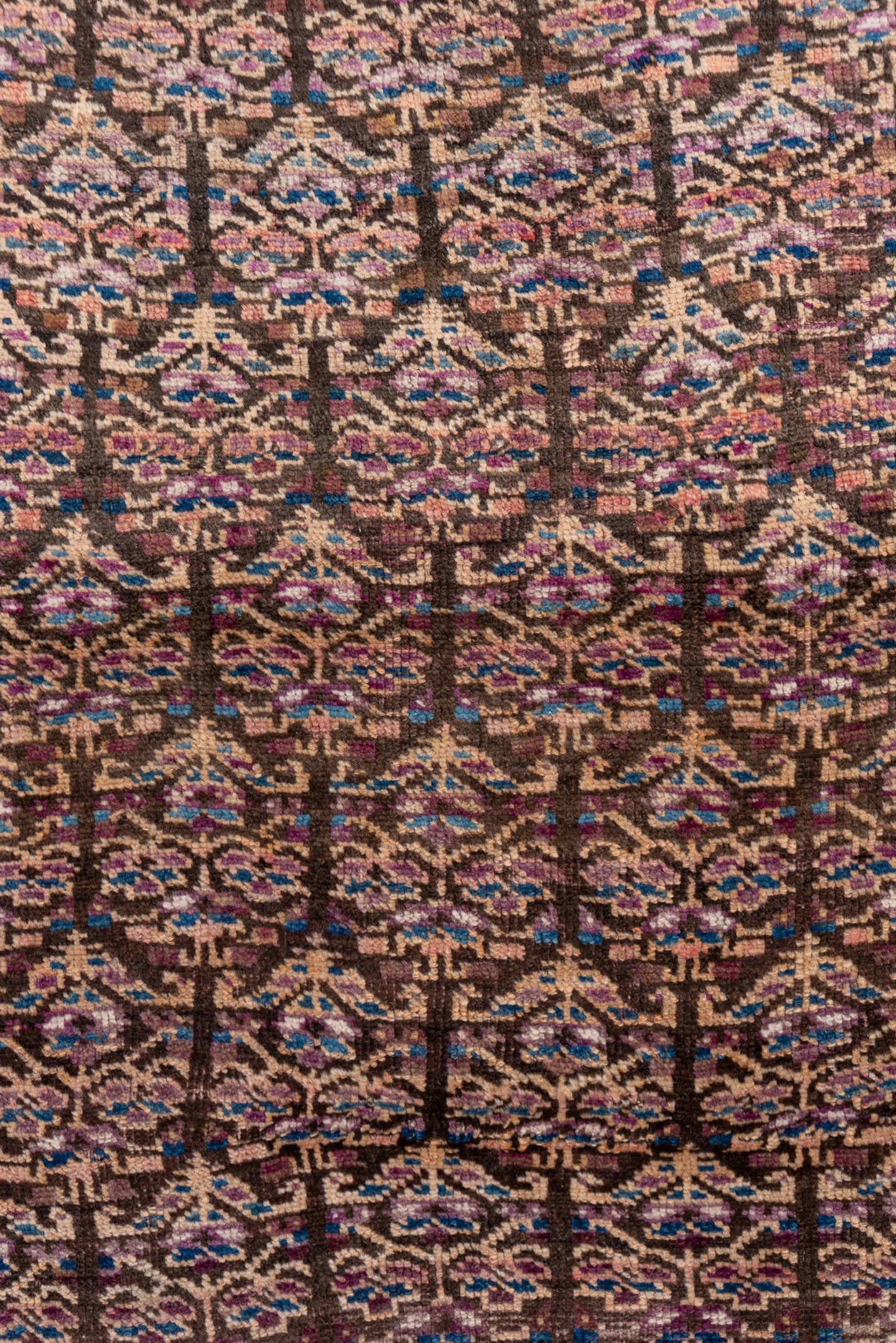 3' x 6' one-of-a-kind handmade antique Kurd small size rug. Color palette: brown, ivory, indigo, sky blue, rose, burgundy