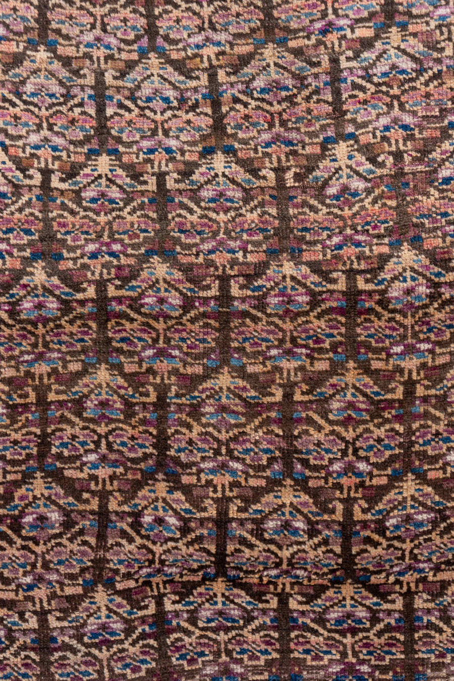 3' x 6' one-of-a-kind handmade antique Kurd small size rug. Color palette: brown, ivory, indigo, sky blue, rose, burgundy