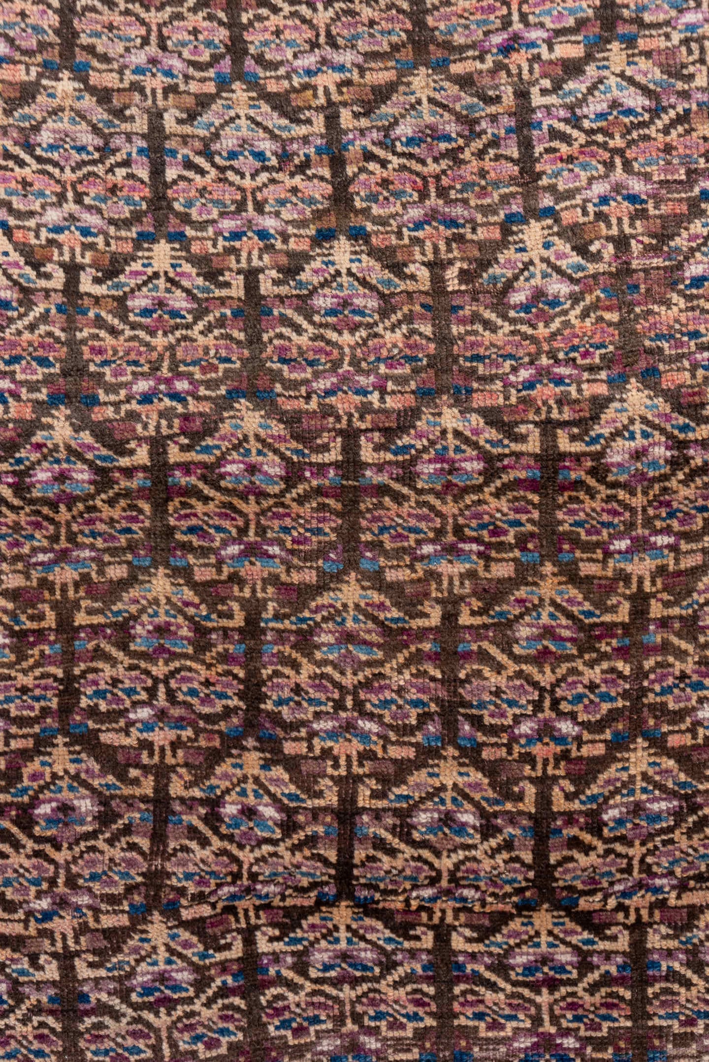 3' x 6' one-of-a-kind handmade antique Kurd small size rug. Color palette: brown, ivory, indigo, sky blue, rose, burgundy