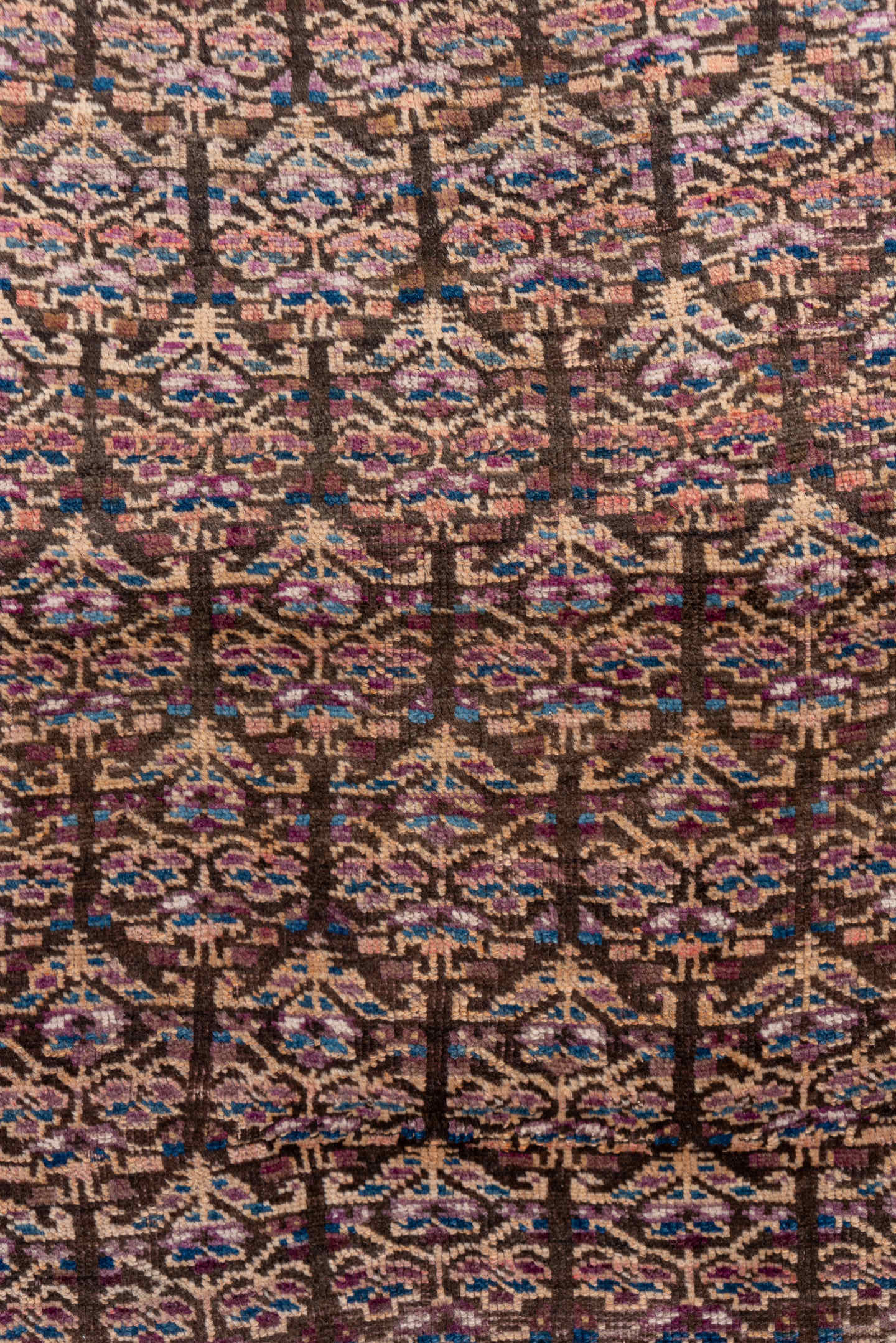 3' x 6' one-of-a-kind handmade antique Kurd small size rug. Color palette: brown, ivory, indigo, sky blue, rose, burgundy