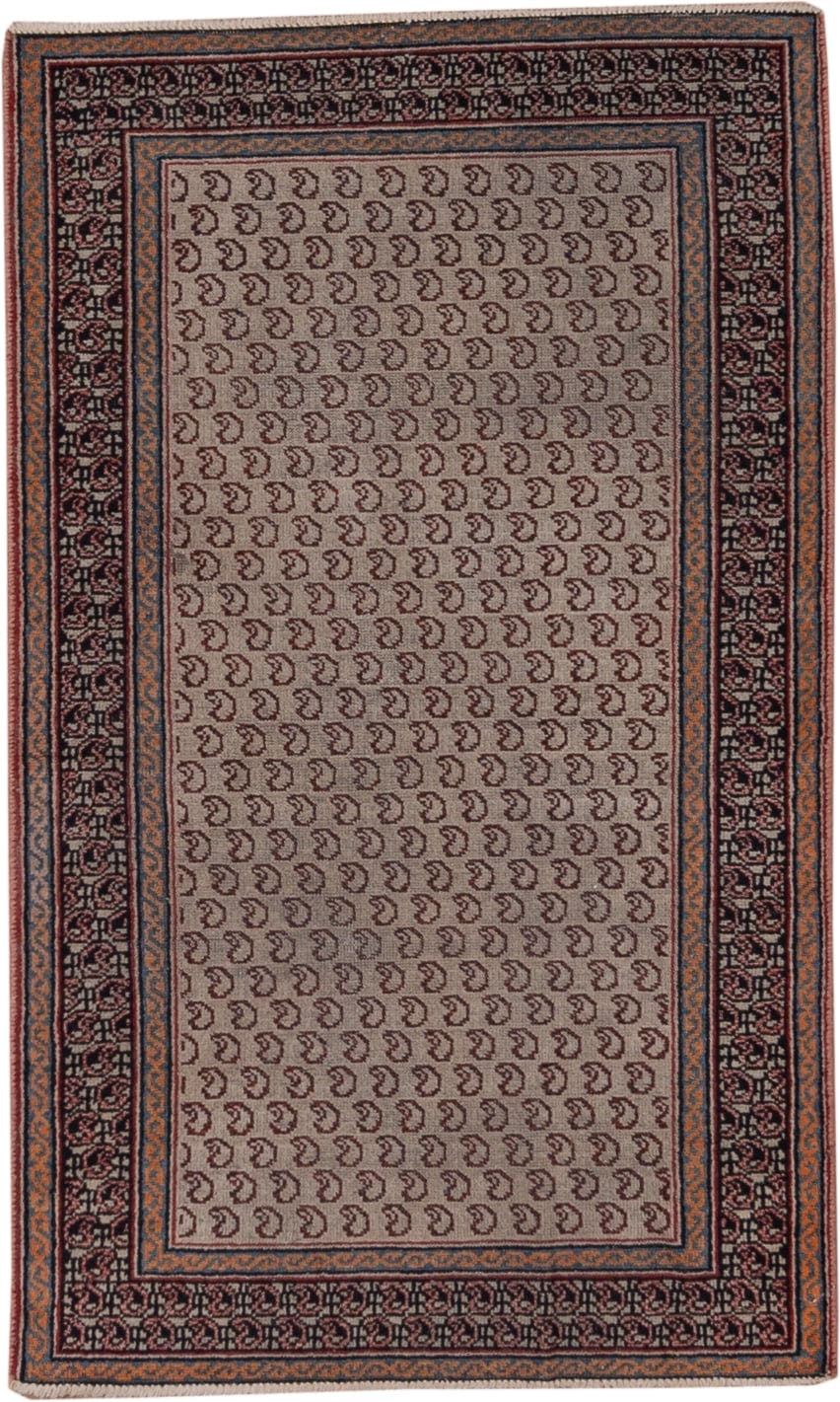 3' x 9' one-of-a-kind handmade antique Sarab runner rug. Color palette: ivory, navy, rust, camel, brown, slate, blue