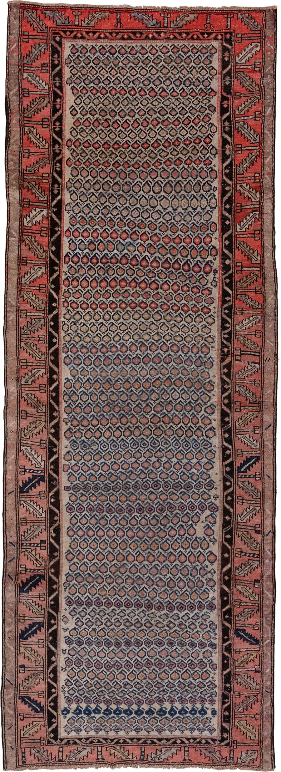 4' x 10' one-of-a-kind handmade antique Malayer runner rug. Color palette: ivory, rust, navy, rose, charcoal, taupe