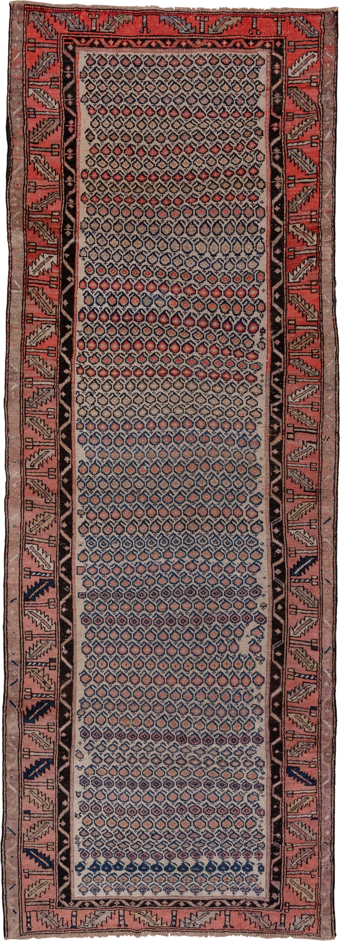 4' x 10' one-of-a-kind handmade antique Malayer runner rug. Color palette: ivory, rust, navy, rose, charcoal, taupe