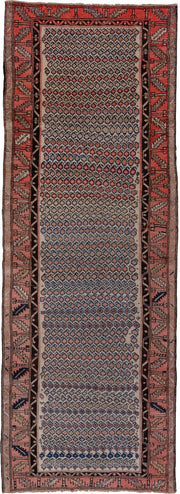 4' x 10' one-of-a-kind handmade antique Malayer runner rug. Color palette: ivory, rust, navy, rose, charcoal, taupe