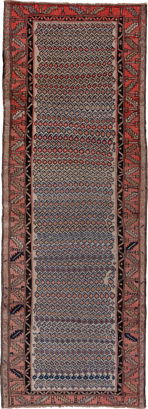 4' x 10' one-of-a-kind handmade antique Malayer runner rug. Color palette: ivory, rust, navy, rose, charcoal, taupe