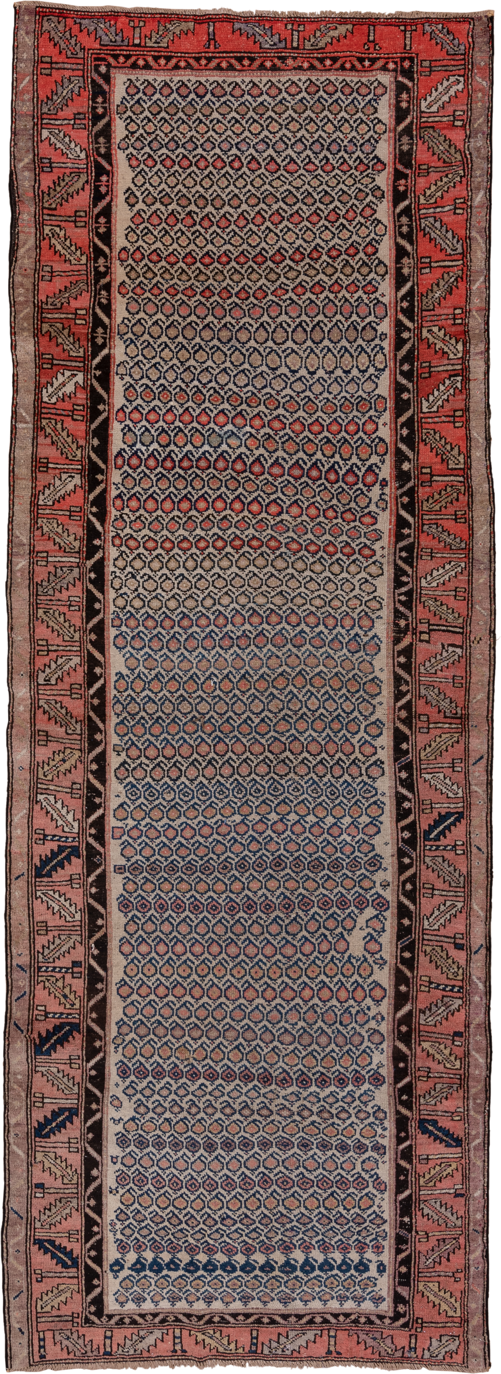 4' x 10' one-of-a-kind handmade antique Malayer runner rug. Color palette: ivory, rust, navy, rose, charcoal, taupe