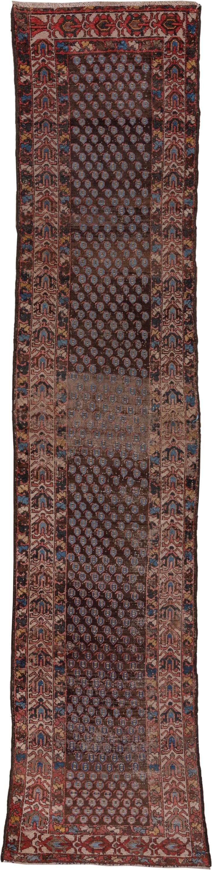 2' x 12' one-of-a-kind handmade antique Malayer runner rug. Color palette: brown, rust, camel, ivory, blue, burgundy