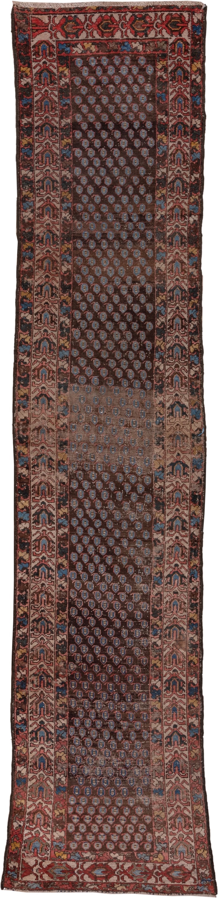 2' x 12' one-of-a-kind handmade antique Malayer runner rug. Color palette: brown, rust, camel, ivory, blue, burgundy