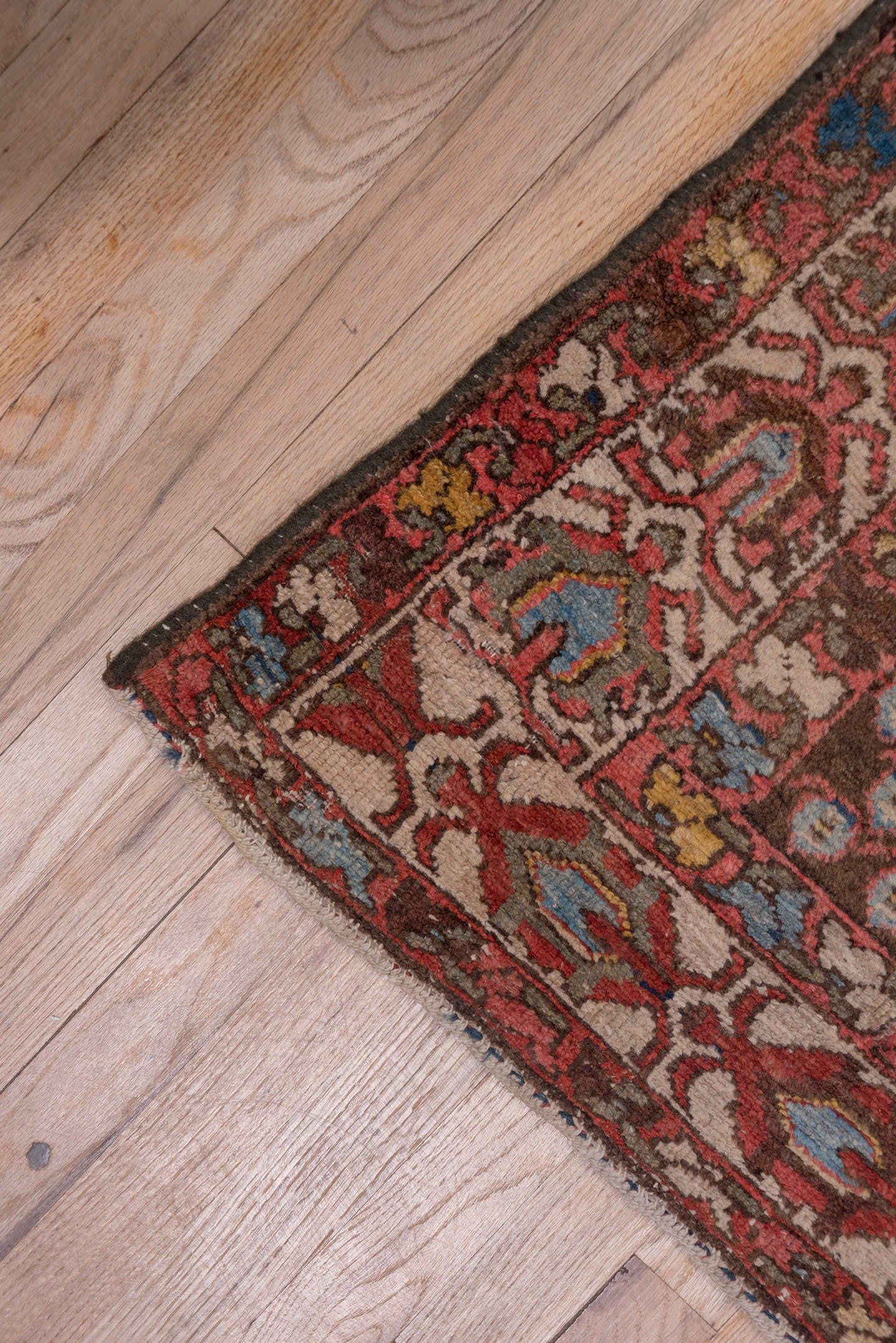 2' x 12' one-of-a-kind handmade antique Malayer runner rug. Color palette: brown, rust, camel, ivory, blue, burgundy