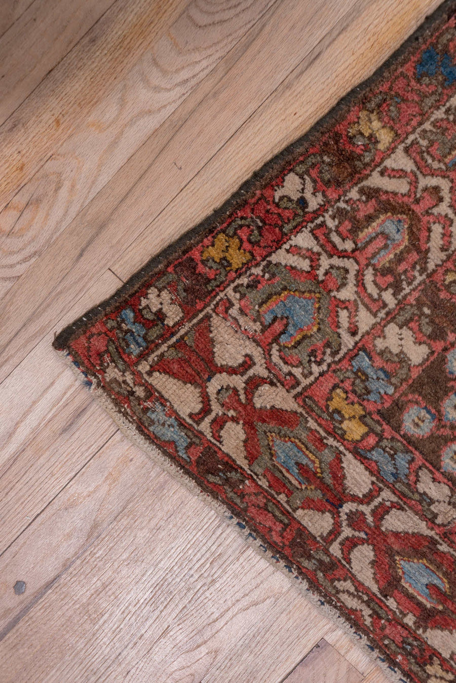 2' x 12' one-of-a-kind handmade antique Malayer runner rug. Color palette: brown, rust, camel, ivory, blue, burgundy