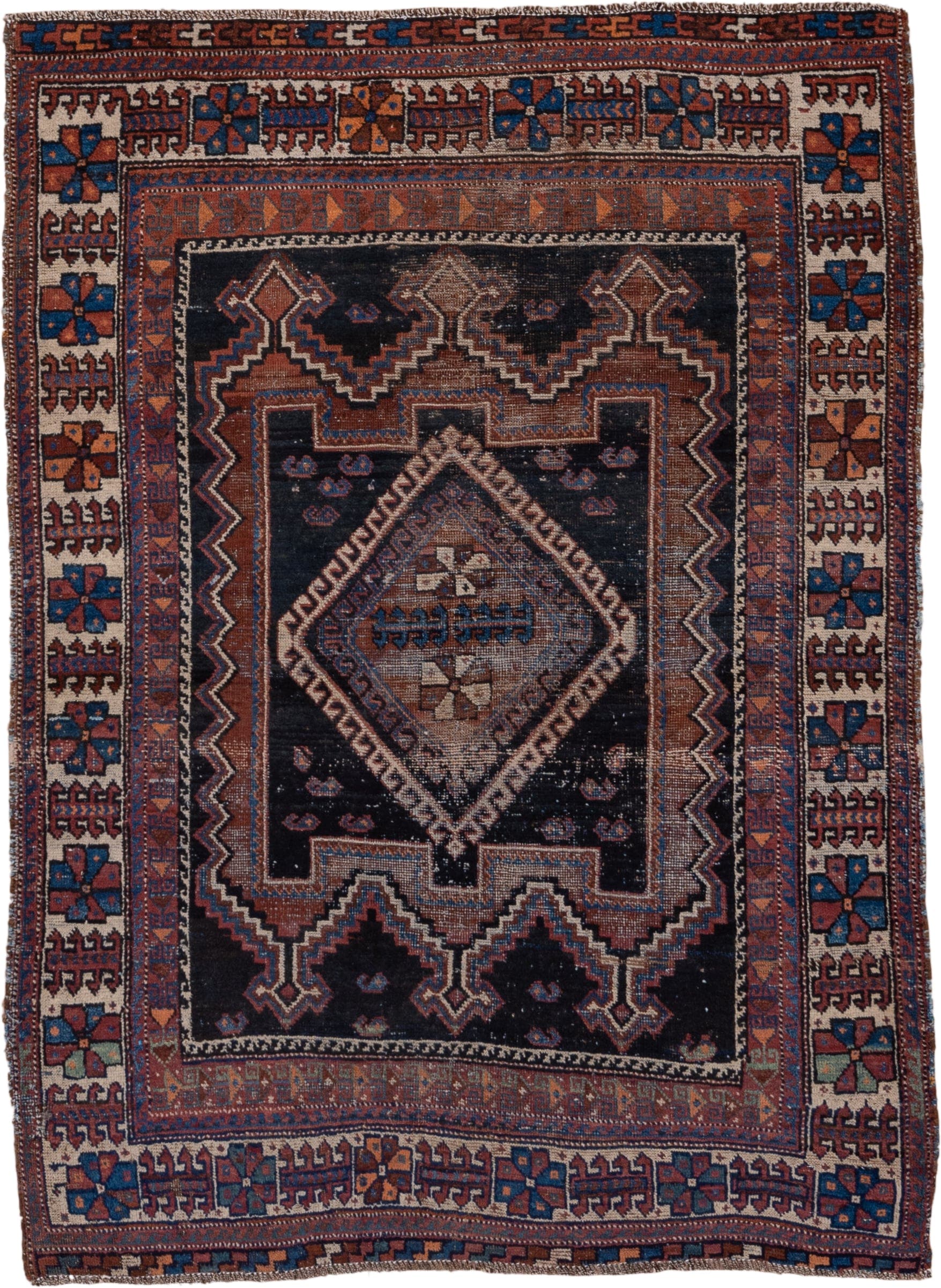 3' x 5' one-of-a-kind handmade antique Afshar small size rug. Color palette: indigo, rust, ivory, cobalt, camel, terracotta