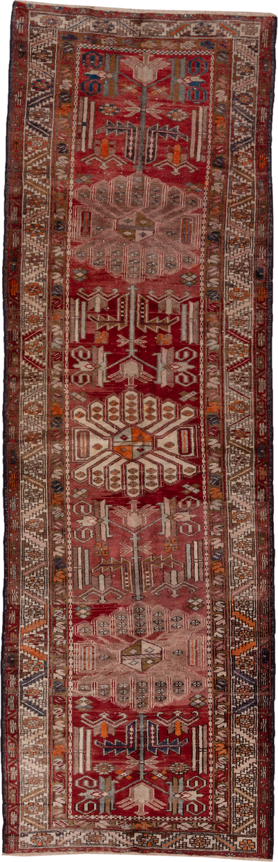 3' x 10' one-of-a-kind handmade vintage Heriz runner rug. Color palette: brick red, ivory, rose, rust, taupe, navy, orange