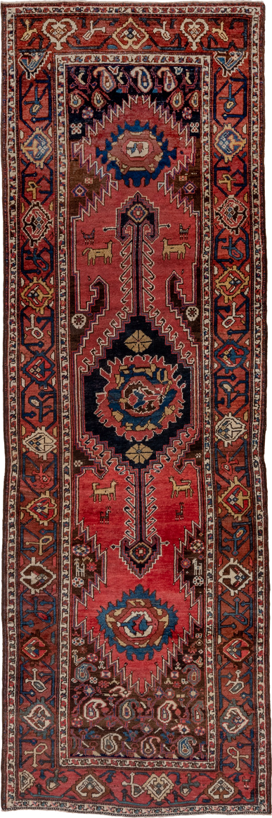 3' x 11' one-of-a-kind handmade vintage Malayer runner rug. Color palette: rose, rust, navy, ivory, sky_blue, burgundy