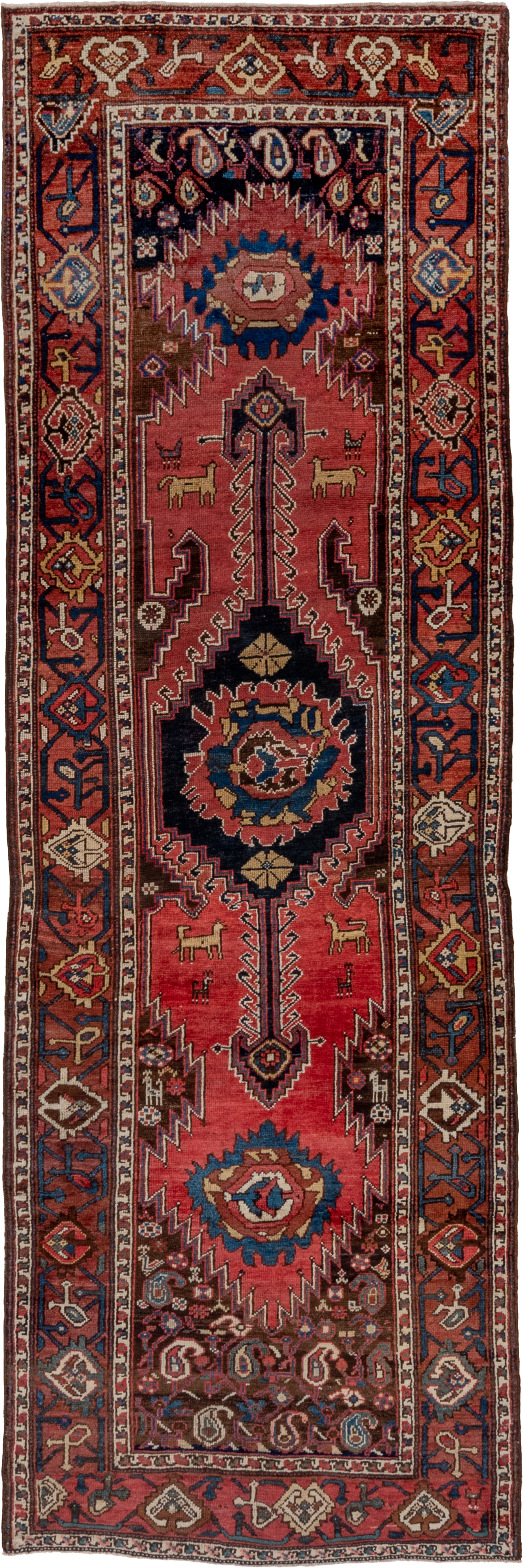 3' x 11' one-of-a-kind handmade vintage Malayer runner rug. Color palette: rose, rust, navy, ivory, sky_blue, burgundy