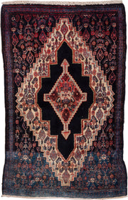 2' x 3' one-of-a-kind handmade antique Senne small size rug. Color palette: navy, ivory, indigo, rust, crimson, rose