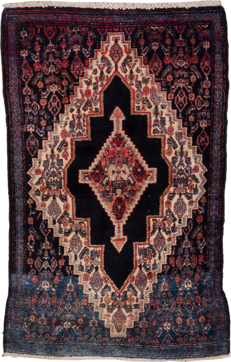 2' x 3' one-of-a-kind handmade antique Senne small size rug. Color palette: navy, ivory, indigo, rust, crimson, rose