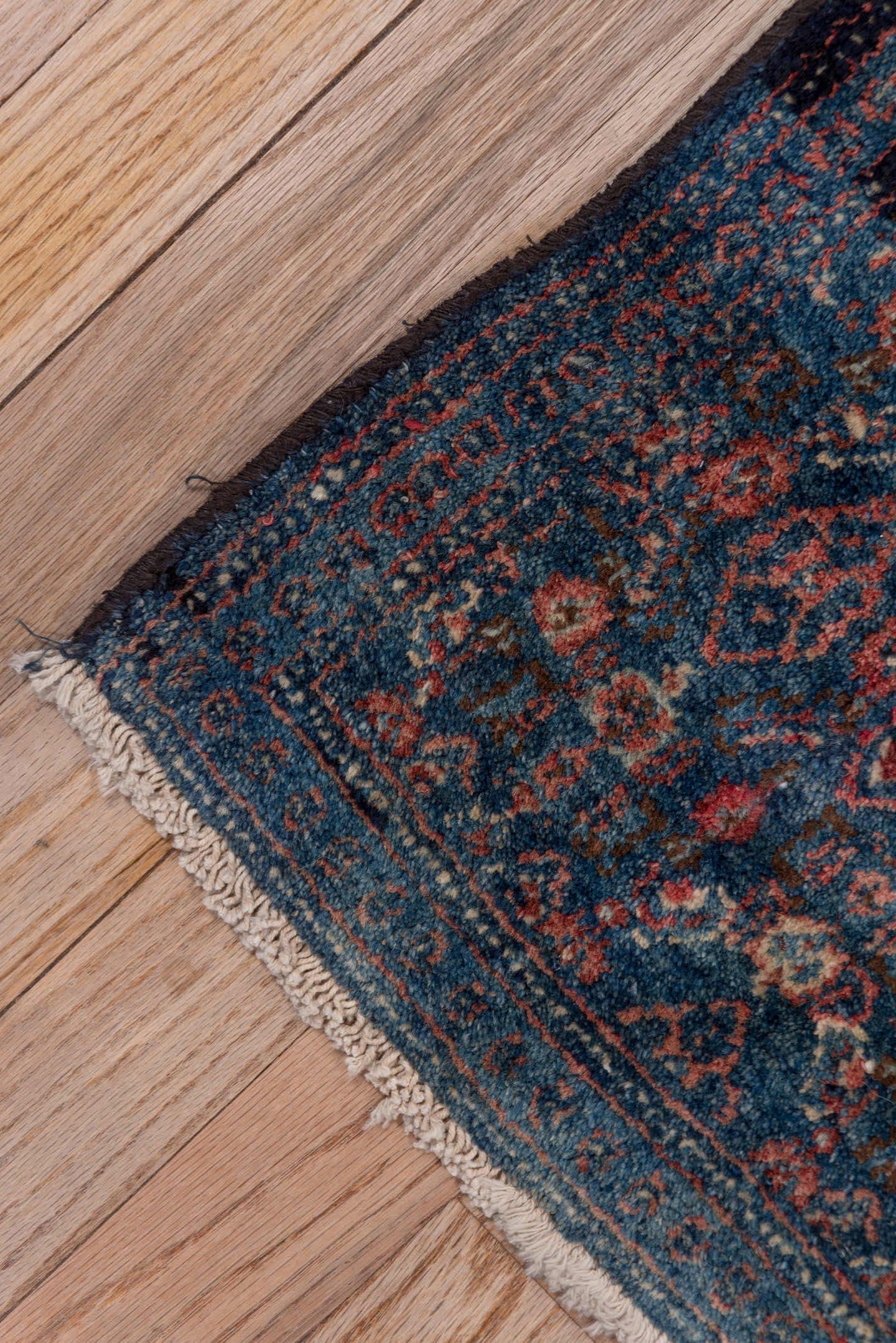 2' x 3' one-of-a-kind handmade antique Senne small size rug. Color palette: navy, ivory, indigo, rust, crimson, rose