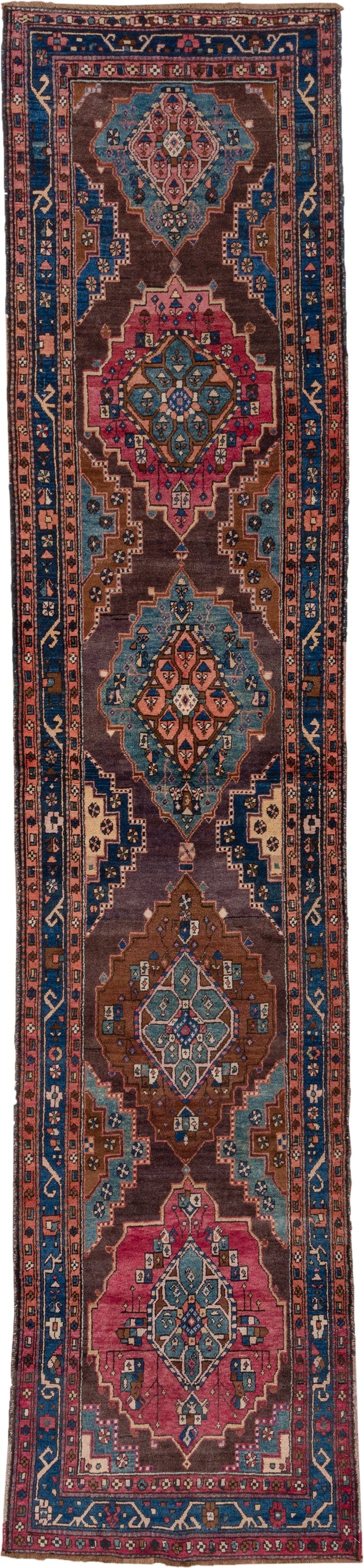 3' x 13' one-of-a-kind handmade antique Karabagh runner rug. Color palette: indigo, rose, aubergine, sky_blue, rust, ivory