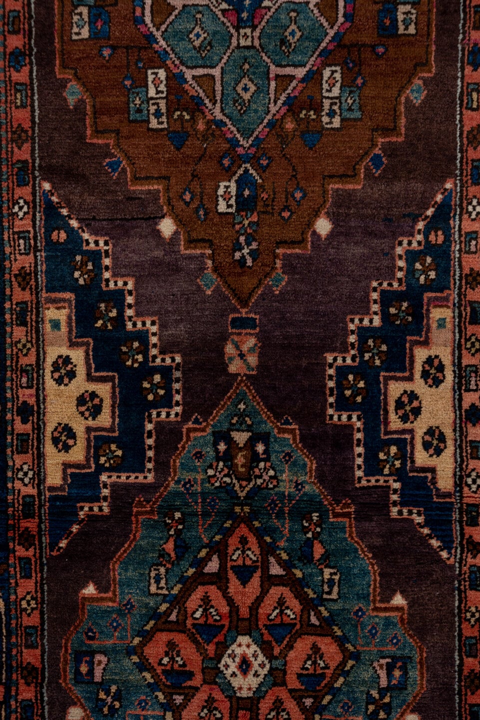 3' x 13' one-of-a-kind handmade antique Karabagh runner rug. Color palette: indigo, rose, aubergine, sky_blue, rust, ivory