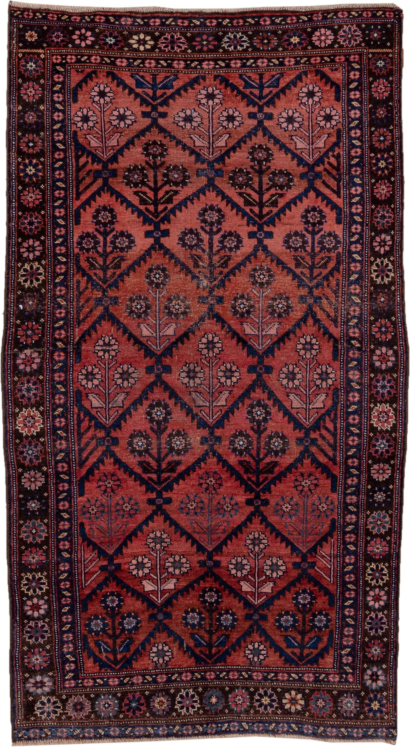 4' x 7' one-of-a-kind handmade antique Bidjar rug. Color palette: rose, navy, ivory, burgundy, dusty pink, camel, slate