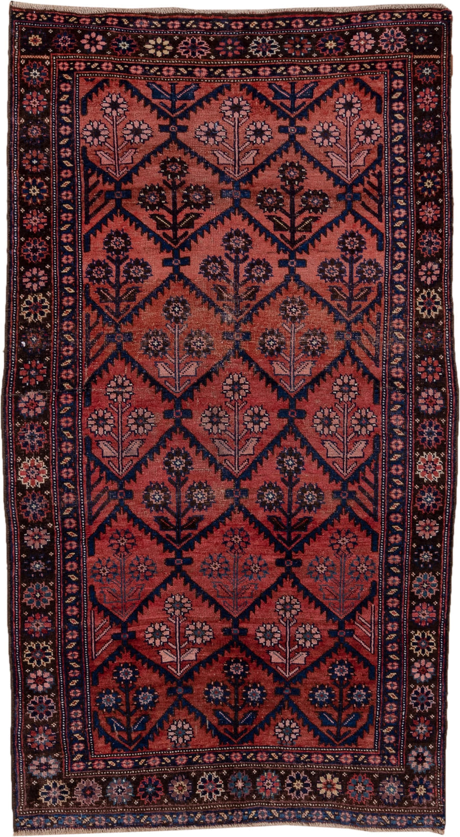 4' x 7' one-of-a-kind handmade antique Bidjar rug. Color palette: rose, navy, ivory, burgundy, dusty pink, camel, slate