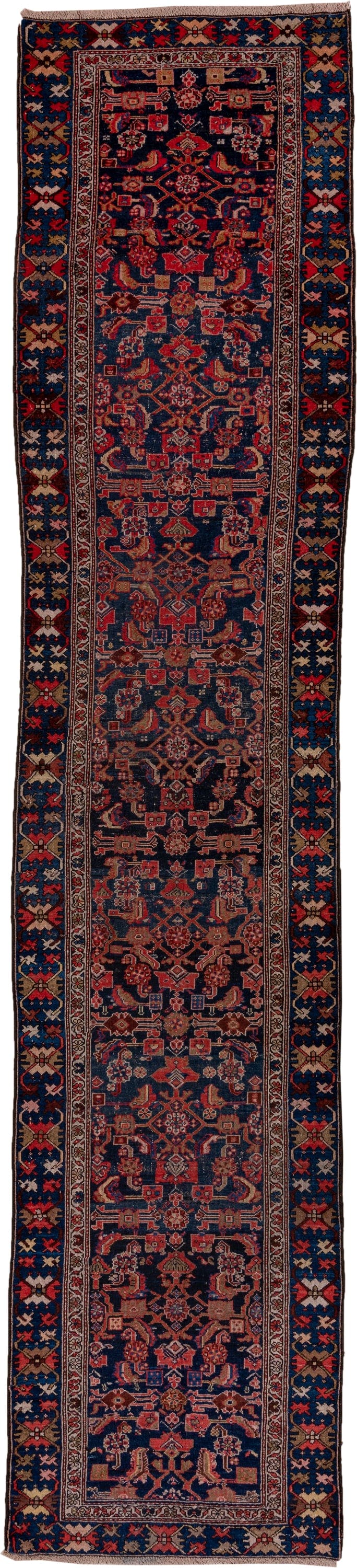 3' x 14' one-of-a-kind handmade antique Malayer runner rug. Color palette: navy, rust, ivory, camel, slate, rose, blue
